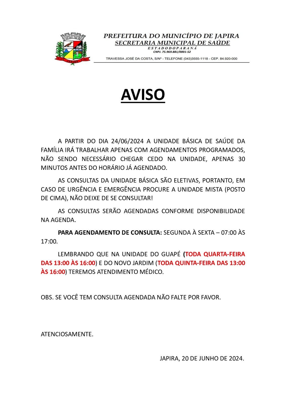 AVISO SECRETARIA MUNICIPAL DE SAÚDE