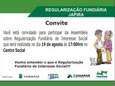 DIA 19 DE AGOSTO ACONTECE A ASSEMBLÉIA PARA REGULARIZAÇÃO FUNDIÁRIA EM JAPIRA