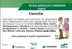 A PREFEITURA DE JAPIRA CONVIDA A POPULAÇÃO PARA ASSEMBLÉIA PARA REGULARIZAÇÃO FUNDIÁRIA