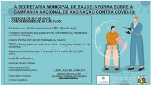 A secretaria municipal de saúde informa sobre a campanha nacional de vacinação conta COVID-19.