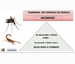 Á Prefeitura municipal de Japira vem fazer um comunicado através da Secretaria Municipal de Saúde à toda população Japirense que fique em alerta ao mosquito transmissor da dengue neste período de chuva, e com os acidentes com escorpião